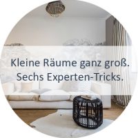 Farben richtig einsetzen, Mit Tapeten Tiefe erzeugen, Finger weg von zu großen Möbeln, Möbel in der Wandfarbe, Offene Regalflächen vermeiden, Ordnung halten