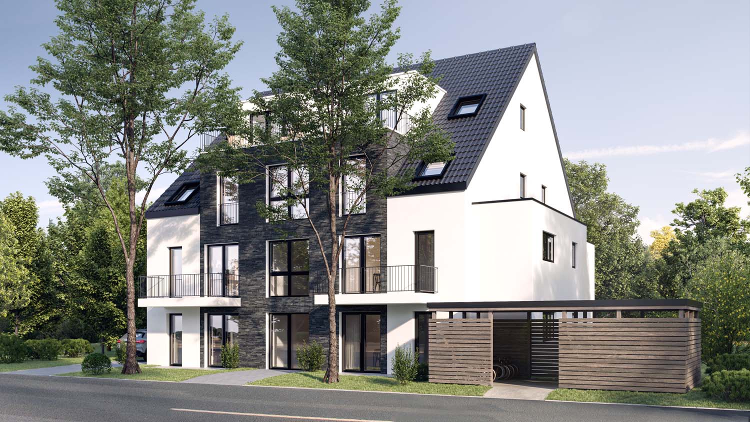 Strassenansicht rechts Neubauprojekt in Kaarst Mehrfamilienhaus Neubau Lange Hecke